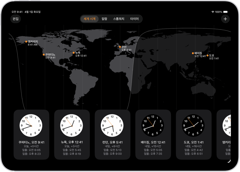 여러 도시의 시간을 볼 수 있는 세계 시계 탭. 왼쪽 상단 모서리 부근의 편집 버튼을 통해 시계를 재정렬하거나 삭제할 수 있습니다. 오른쪽 상단 모서리 부근의 추가 버튼을 통해 시계를 더 추가할 수 있습니다. 하단에 나열된 세계 시계, 알람, 스톱워치 및 타이머 버튼.