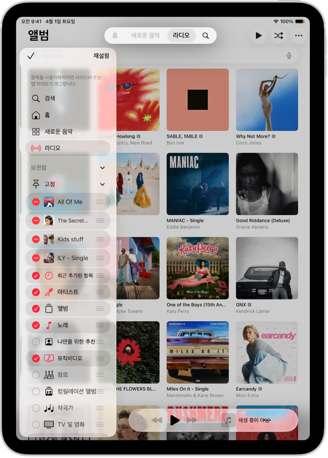 화면의 왼쪽 사이드바 및 상단 탭 막대를 편집할 수 있는 옵션이 표시된 세로 화면 방향의 iPad.