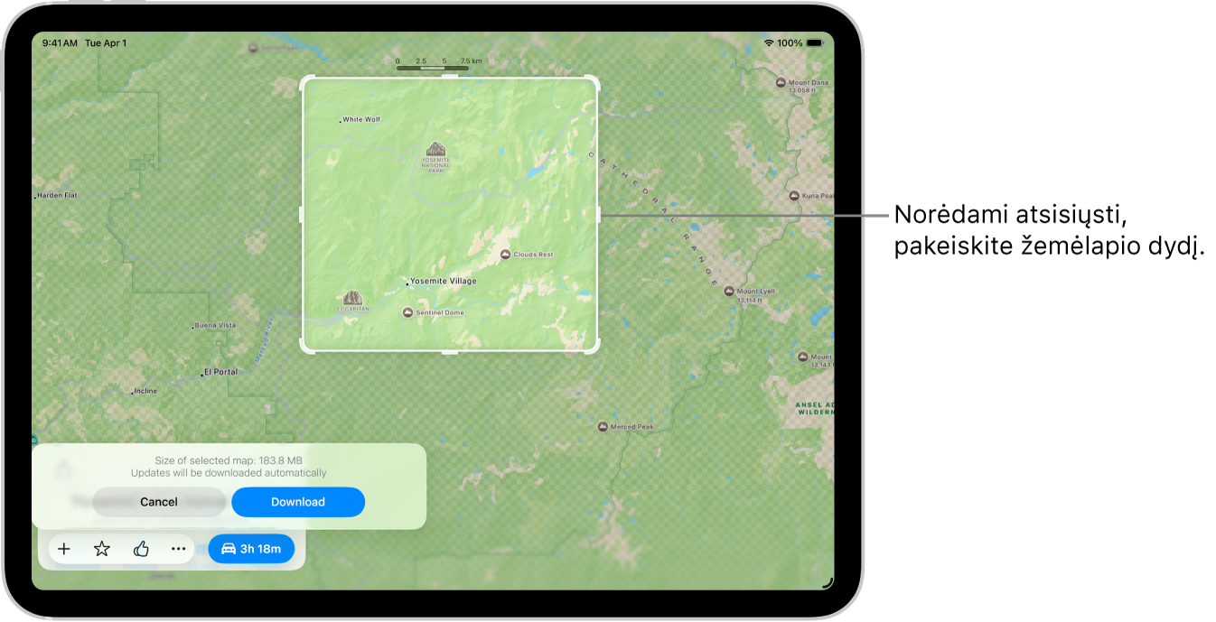 „iPad“ su nacionalinio parko žemėlapiu. Parkas įrėmintas stačiakampiu su rankenėlėmis, kurias pajudinus galima keisti atsisiunčiamo žemėlapio dydį. Pasirinkto žemėlapio atsisiuntimo dydis rodomas šalia žemėlapio apačios. Mygtukai „Atšaukti“ ir „Atsisiųsti“ yra ekrano apačioje.