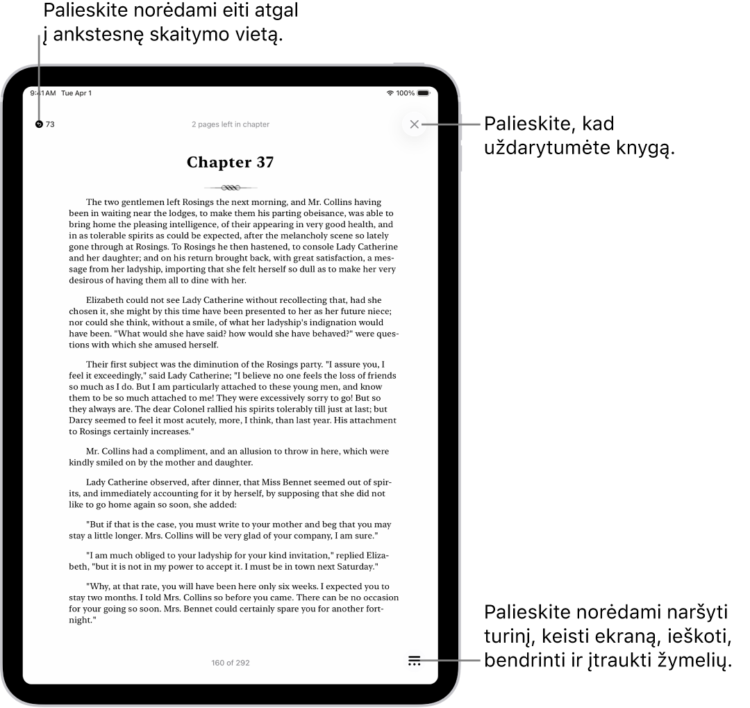 Programos „Knygos“ puslapis. Ekrano viršuje yra mygtukai, skirti grįžti į puslapį, nuo kurio pradėjote skaityti, ir užversti knygą. Ekrano apačioje dešinėje rodomas mygtukas „Meniu“.