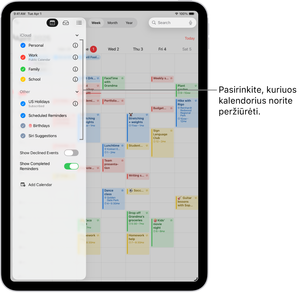 Kalendorių sąraše aktyvūs kalendoriai pažymimi varnele. Mygtukas „Atlikta“ sąrašams uždaryti viršutiniame dešiniajame kampe. Kalendoriaus pridėjimo mygtukas yra apatiniame kairiajame kampe.