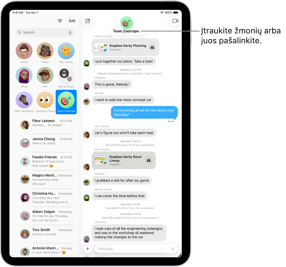 Grupės pokalbis „iPad“ programoje „Žinutės“. Kairėje pusėje pokalbių sąraše pasirinktas prisegtas pokalbis. Dešinėje rodomas pokalbio transkripcija su bendrinamais failais.