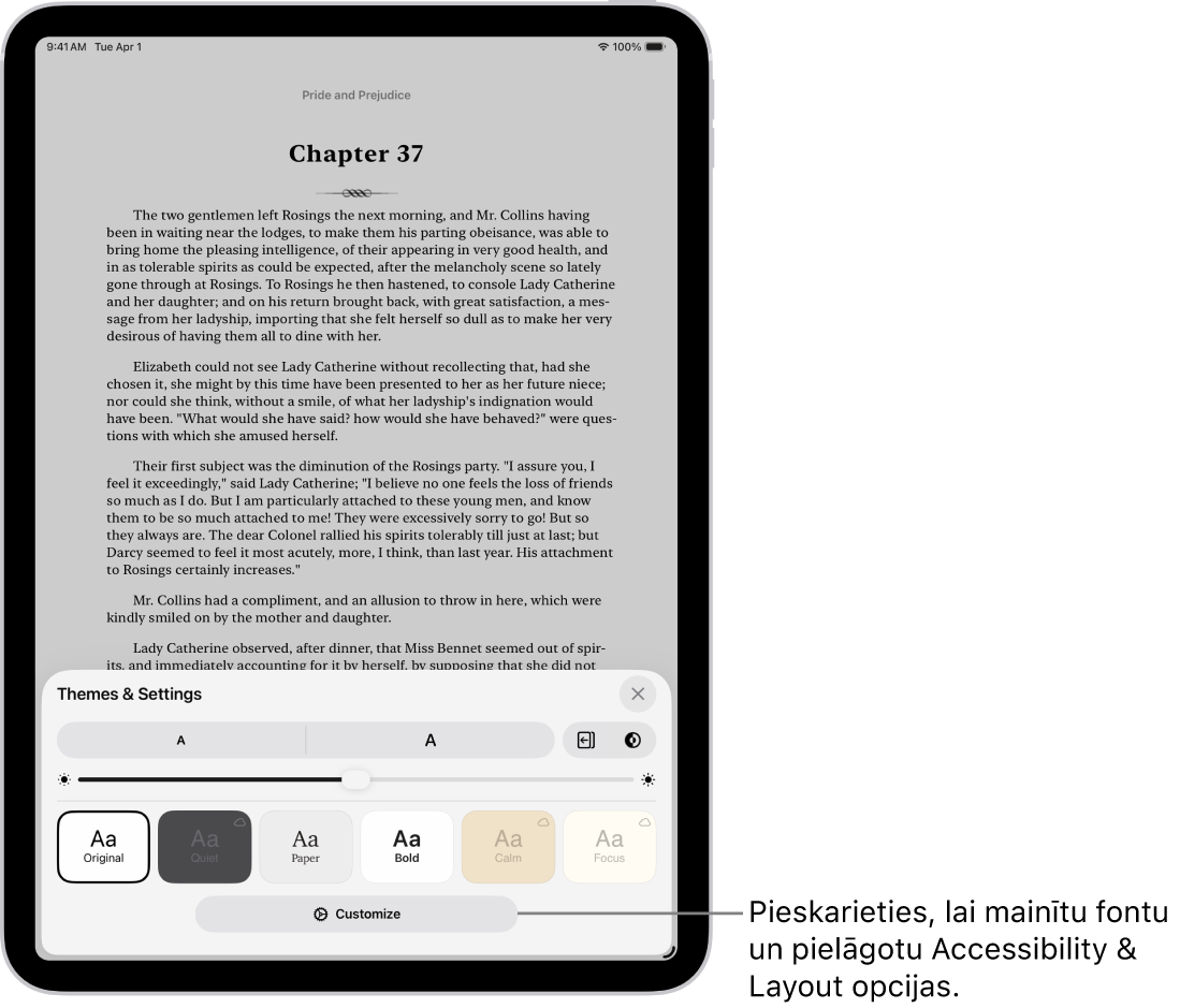 Grāmatas lappuses lietotnē Books. Opcijas Themes un Settings, kurā redzami vadības elementi fonta lielumam, ritināšanas skatam, lapas pāršķiršanas stilam, spilgtumam un fontu stilam.