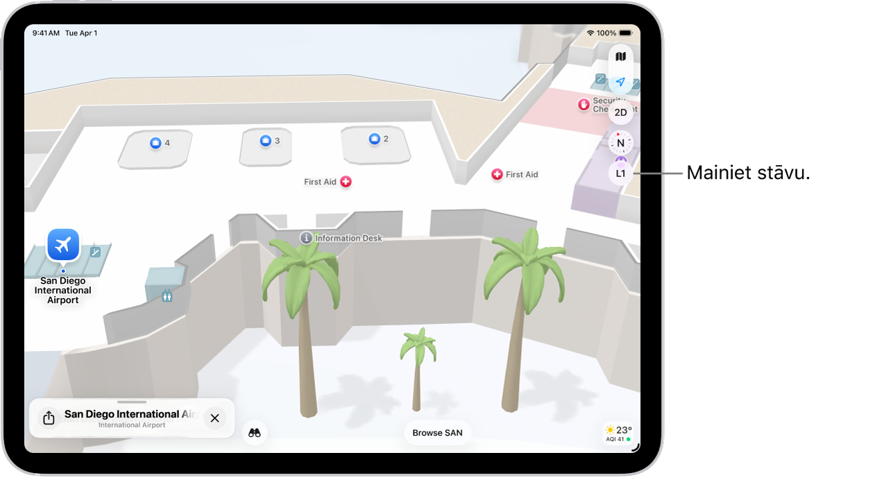 Lidostas termināļa iekštelpu karte. Kartē ir redzami vārti, tualete, drošības kontroles punkts un pirmā palīdzība. Varat mainīt vairākstāvu karšu līmeni, izmantojot pogu, kas apzīmēta ar L2 (2. līmenim).