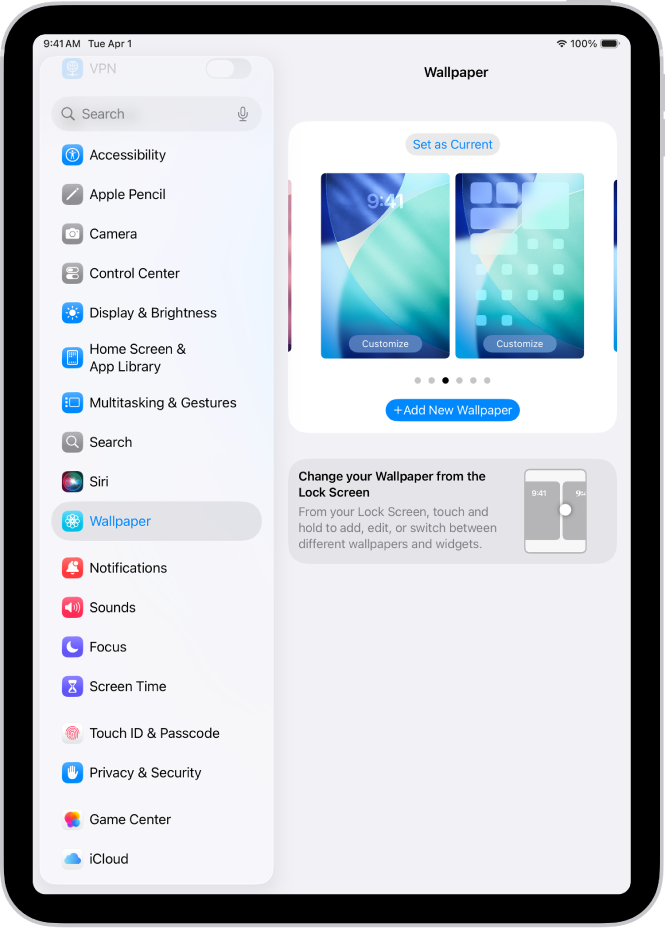 Ekrāns Walpaper Settings, kura augšdaļā ir poga jaunas ekrāntapetes izvēlei un (pašreizējai ekrāntapetei atbilstošā) bloķētā ekrāna un sākuma ekrāna attēli.