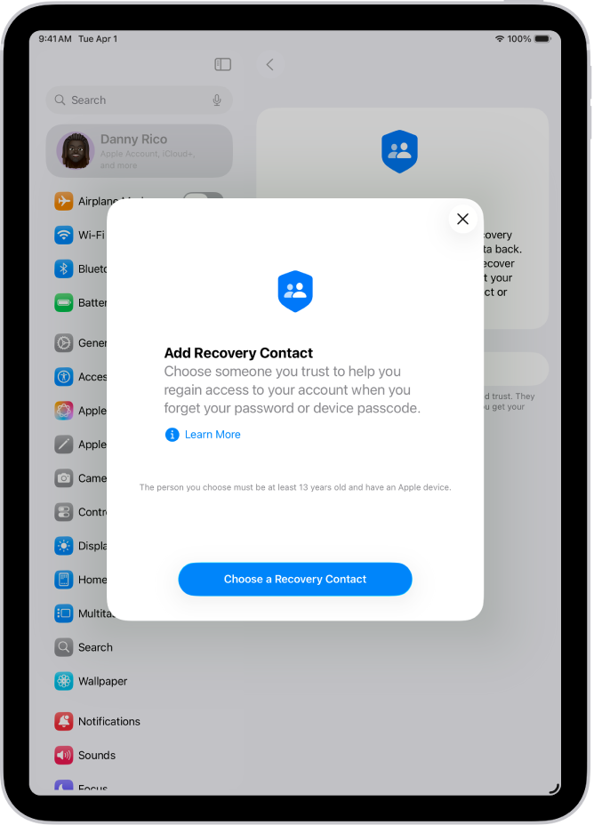 Ekrāns Account Recovery Contact ar informāciju par funkciju. Apakšā ir poga Add Recovery Contact