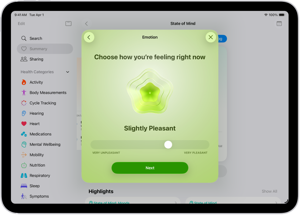 Skrin dalam app Kesihatan mengenal pasti perasaan semasa sebagai Sedikit Menyenangkan. Di bahagian bawah skrin ialah gelangsar untuk melaraskan tahap emosi.