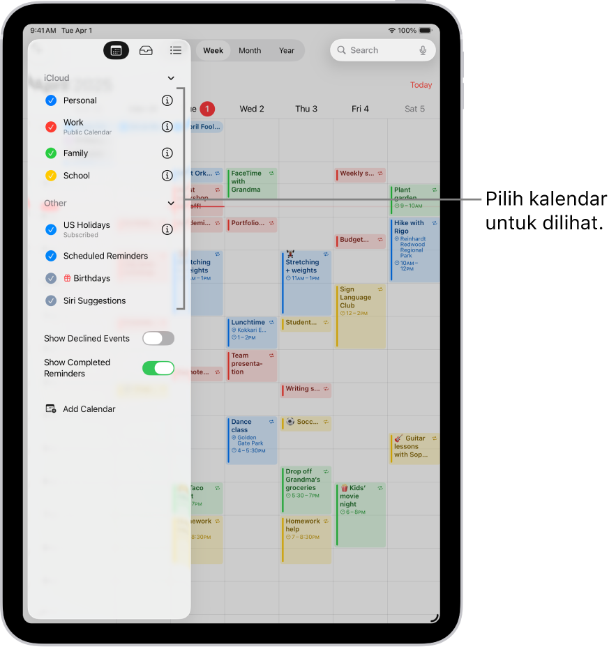 Senarai Kalendar dengan tanda semak menunjukkan kalendar yang aktif. Butang Selesai untuk menutup senarai berada di penjuru kanan atas. Butang Tambah Kalendar berada di penjuru kiri bawah.