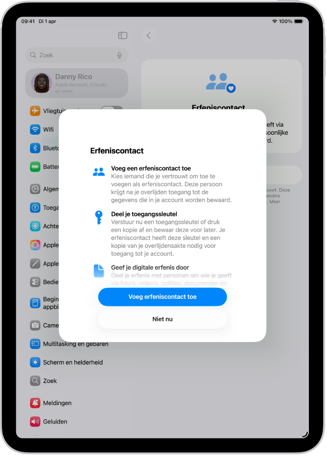 Het scherm 'Erfeniscontact' met informatie over de functie. Onderin zie je de knop 'Voeg erfeniscontact toe'.