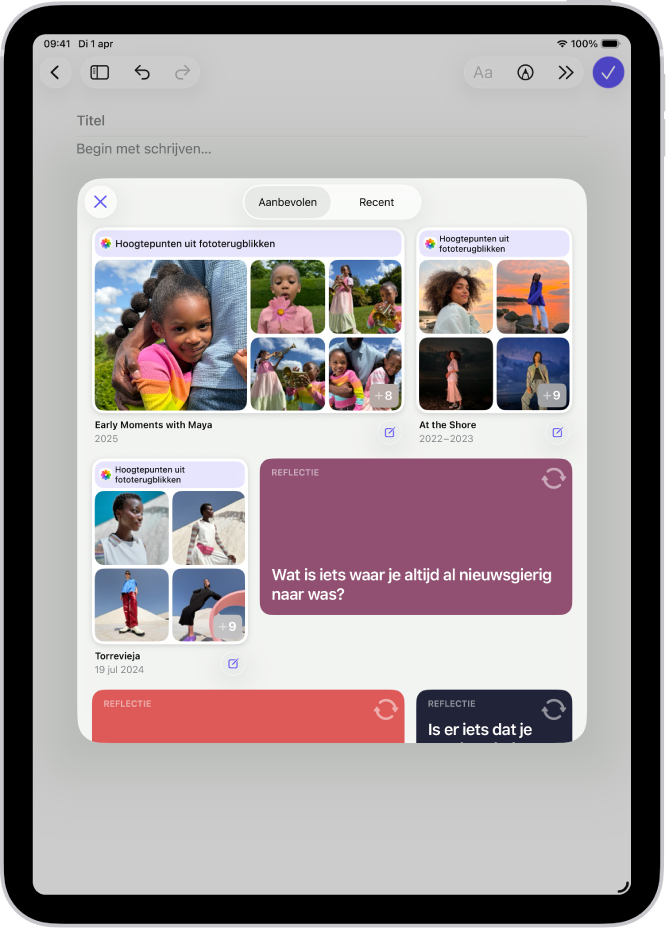 Een scherm in de Dagboek-app met de knop 'Nieuwe notitie' bovenaan en daaronder suggesties voor dagboeknotities.