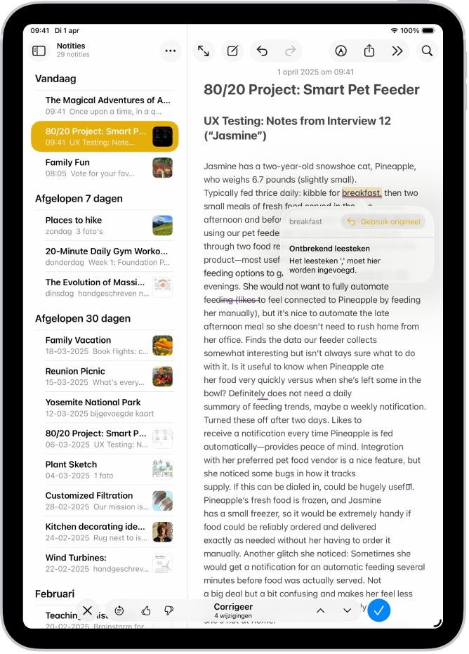 Een iPad waarop een tekst in de Notities-app wordt gecontroleerd op grammaticale fouten.