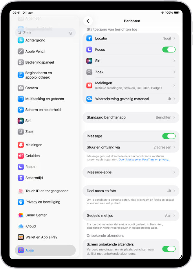 Het instellingenpaneel voor 'Berichten', met 'iMessage' ingeschakeld.