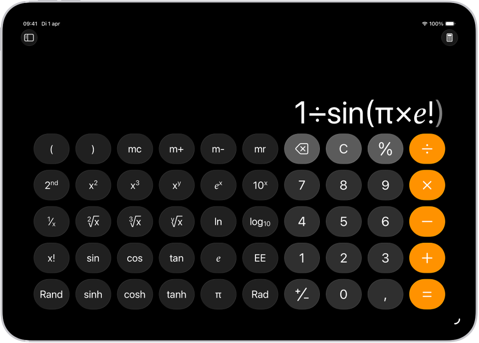 Een iPad waarop de wetenschappelijke rekenmachine met geheugenfuncties en exponentiële, logaritmische en trigonometrische functies te zien is.