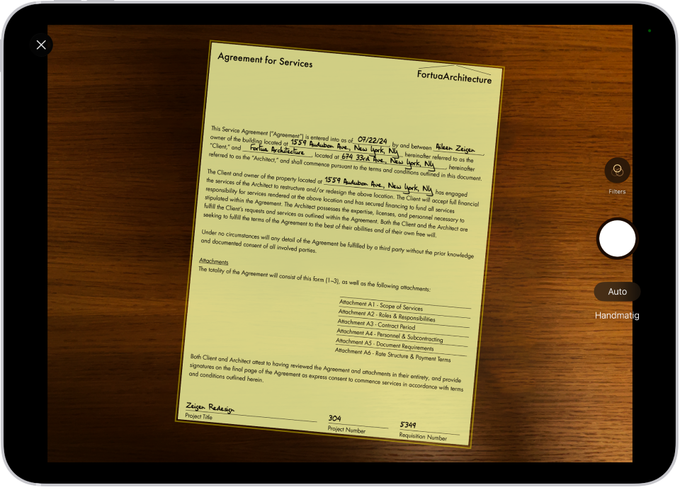 Een scherm met een document dat wordt gescand. Rechts staat de knop 'Maak foto'.