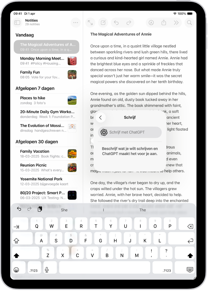 Een iPad waarop een verhaal wordt geschreven in de Notities-app. Rechts in het scherm staat het dialoogvenster voor het schrijven van tekst met Schrijfhulp, met onder andere opties om een wijziging te beschrijven en ChatGPT-suggesties.