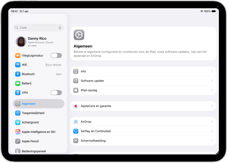 Het beginscherm met diverse appsymbolen, zoals het symbool van de Instellingen-app, waarop je kunt tikken om het volume, de schermhelderheid en andere iPad-instellingen te wijzigen.