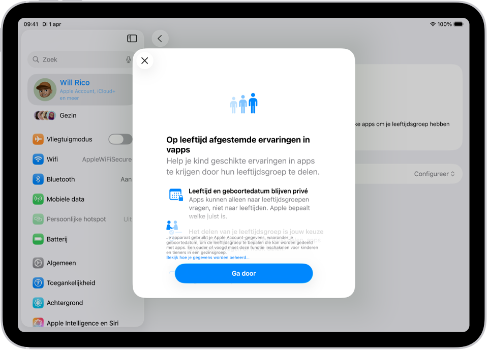 Het scherm 'Op leeftijd afgestemde ervaringen in apps' in Instellingen op de iPad. In dit scherm wordt uitgelegd dat het delen van de leeftijdsgroep van een kind helpt om appervaringen te bieden die op de leeftijd van het kind zijn afgestemd.