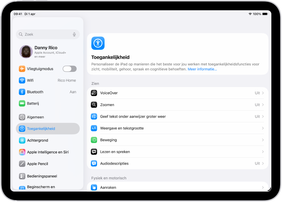 Een Instellingen-scherm met toegankelijkheidsopties, zoals VoiceOver, Audiodescripties en Schakelbediening.