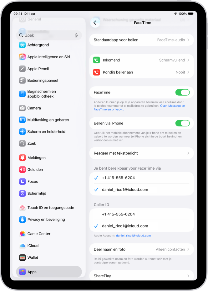 Het scherm met FaceTime-instellingen, met de regelaar om FaceTime in of uit te schakelen en het telefoonnummer en e‑mailadres waarop je te bereiken bent.
