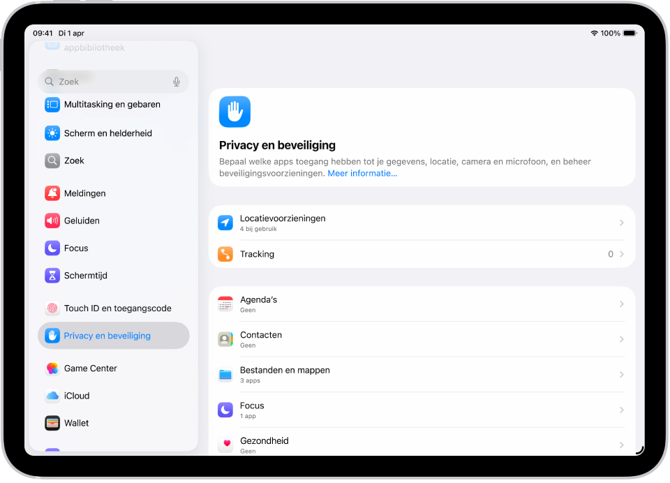 Een Instellingen-scherm met opties voor privacy en beveiliging, zoals locatievoorzieningen en tracking.