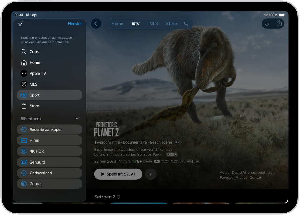 Een iPad met opties om de tabbladbalk boven in het scherm te wijzigen.
