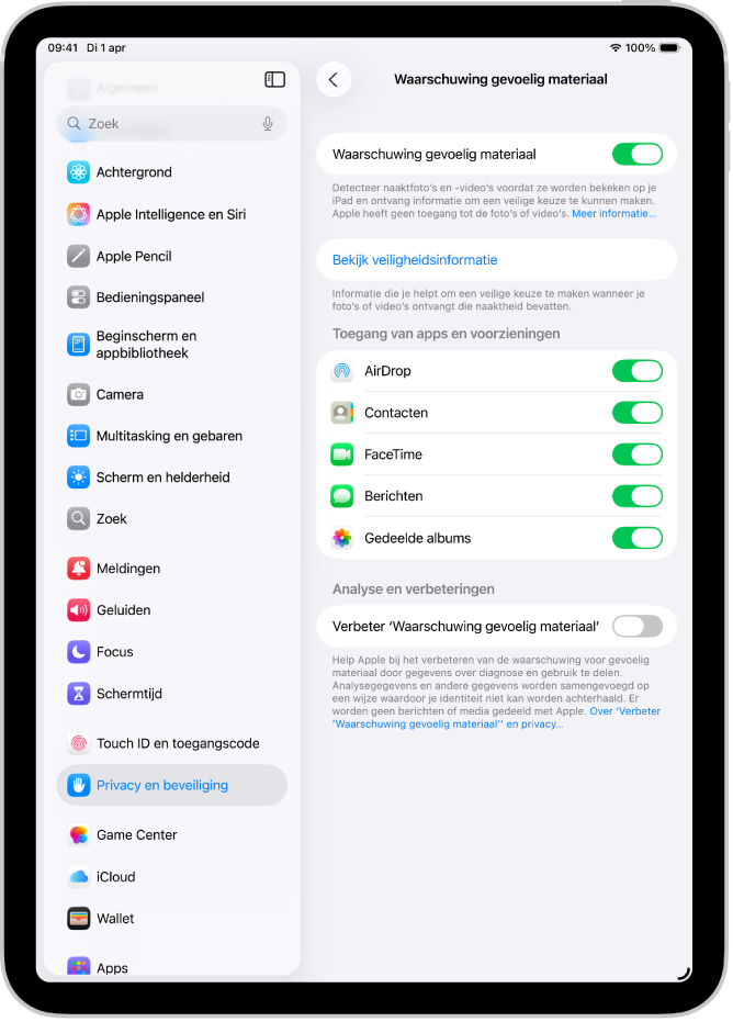 De instellingen voor 'Waarschuwing gevoelig materiaal', met een knop getiteld 'Bekijk veiligheidsinformatie' en een knop 'Verbeter 'Waarschuwing gevoelig materiaal'' om analytische en gebruiksgegevens te delen met Apple.