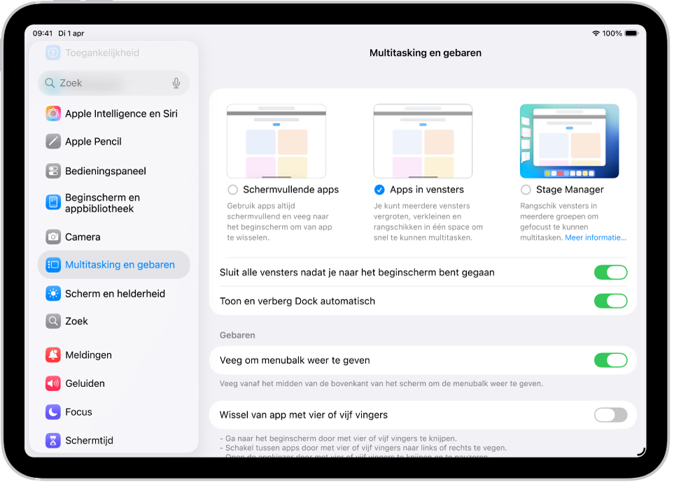 Een iPad-venster met instellingen voor 'Multitasking en gebaren'.