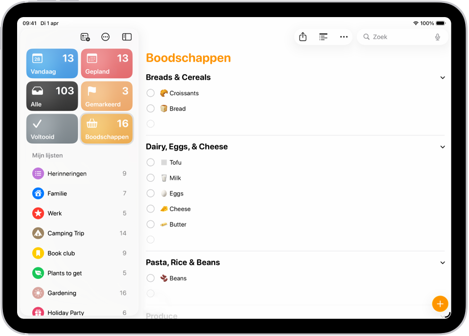 De Herinneringen-app met een boodschappenlijst en onderdelen in categorieën zoals brood en ontbijtgranen en zuivel, eieren en kaas.