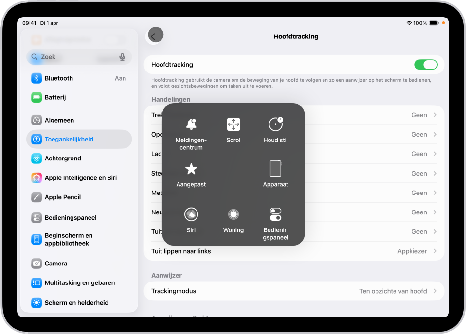 Een iPad waarop hoofdtracking is ingeschakeld. Het AssistiveTouch-menu is te zien, met de regelaars 'Meldingencentrum', 'Scrol', 'Houd stil', 'Apparaat', 'Bedieningspaneel', 'Woning', 'Siri' en 'Aangepast'.