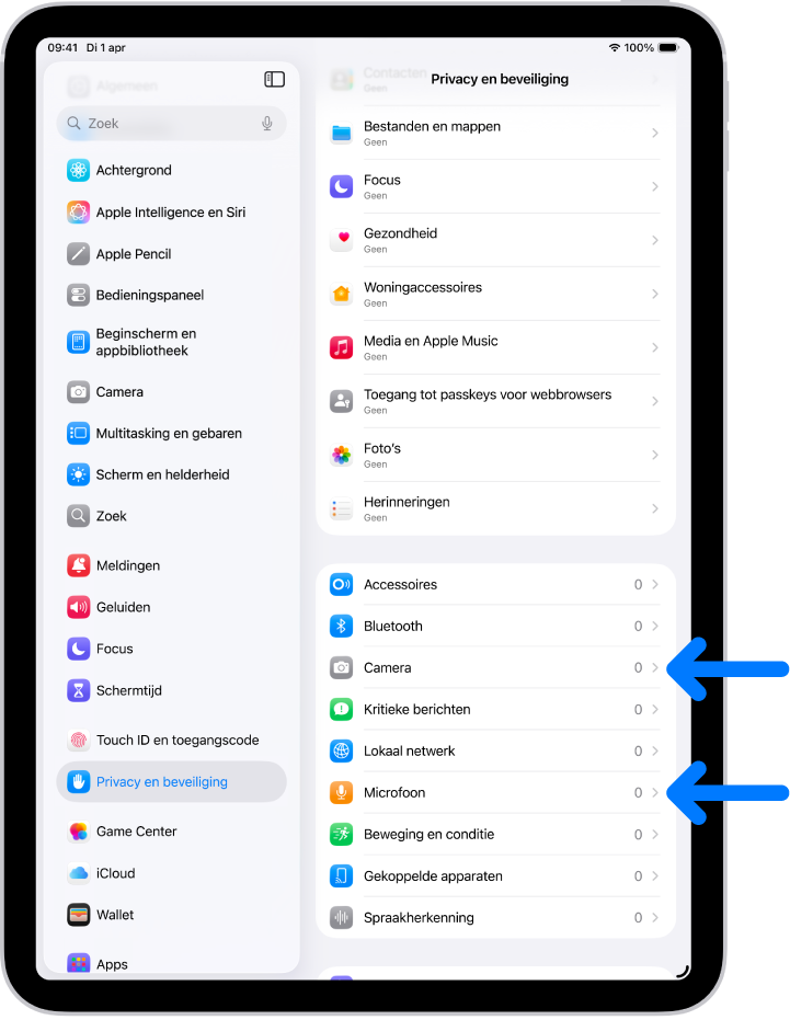 Het scherm van 'Privacy en beveiliging', met instellingen waarmee je bepaalt of apps toegang hebben tot de camera, microfoon en andere onderdelen van je iPad.