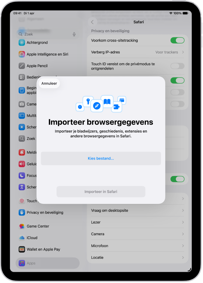 Het scherm voor het importeren van browsergegevens, met gegevens die vanuit een andere browser in Safari worden geïmporteerd.