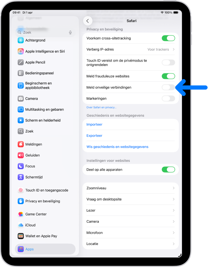 De regelaar 'Waarschuwing voor onveilige verbinding' onder 'Privacy en beveiliging' in het Safari-scherm in Instellingen.