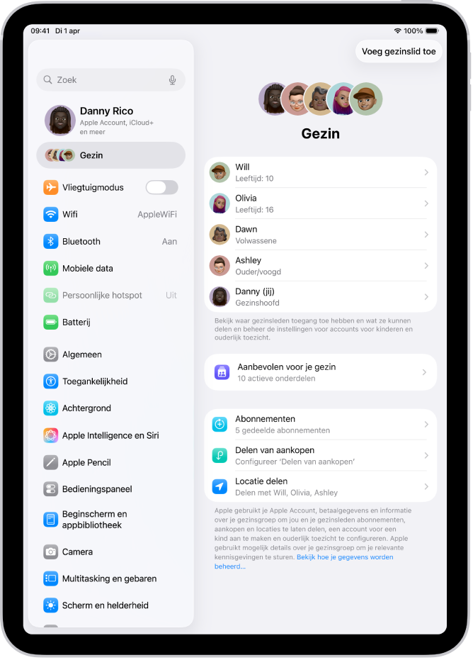 Het scherm 'Gezin' in Instellingen. Maximaal vijf gezinsleden worden boven de gedeelde functies weergegeven.