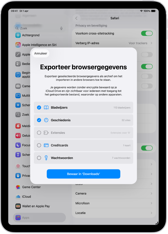 Het scherm voor het exporteren van browsergegevens, met de gegevens die je vanuit Safari kunt exporteren naar een andere browser.
