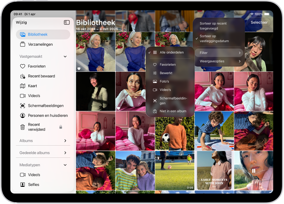 De Foto's-app is geopend en in de navigatiekolom is de tab 'Bibliotheek' geselecteerd. De knop 'Sorteer en filter' boven in het scherm is geselecteerd en toont de sorteer- en filteropties voor de inhoud van de bibliotheek.