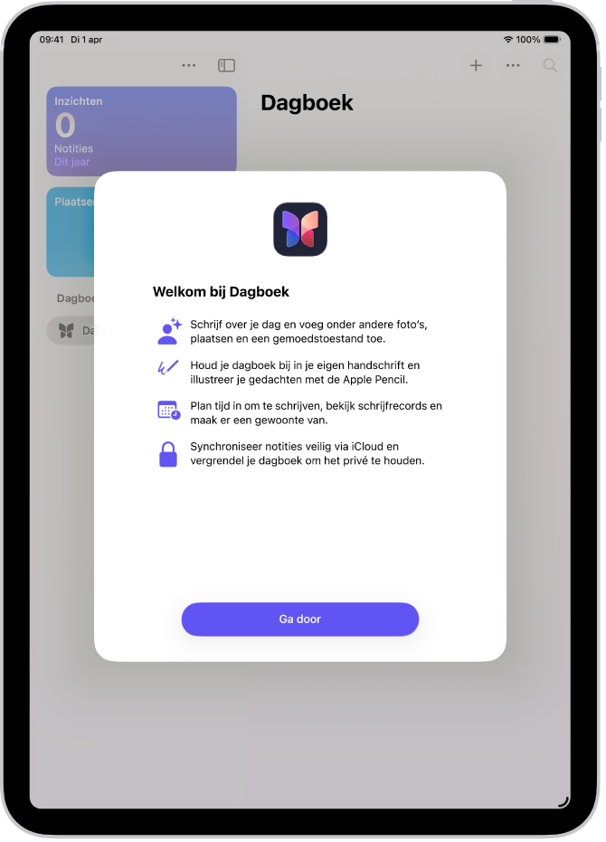Het welkomstscherm van de Dagboek-app.