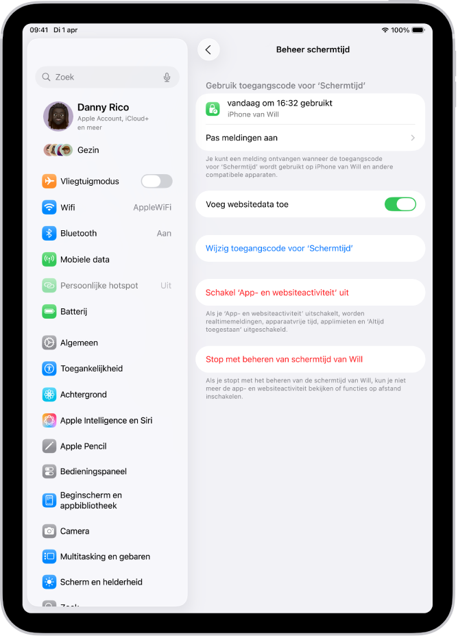 Het scherm 'Beheer schermtijd' voor een kind in een gezin, waarop wordt aangegeven wanneer de toegangscode voor het laatst is gebruikt en op welk apparaat.