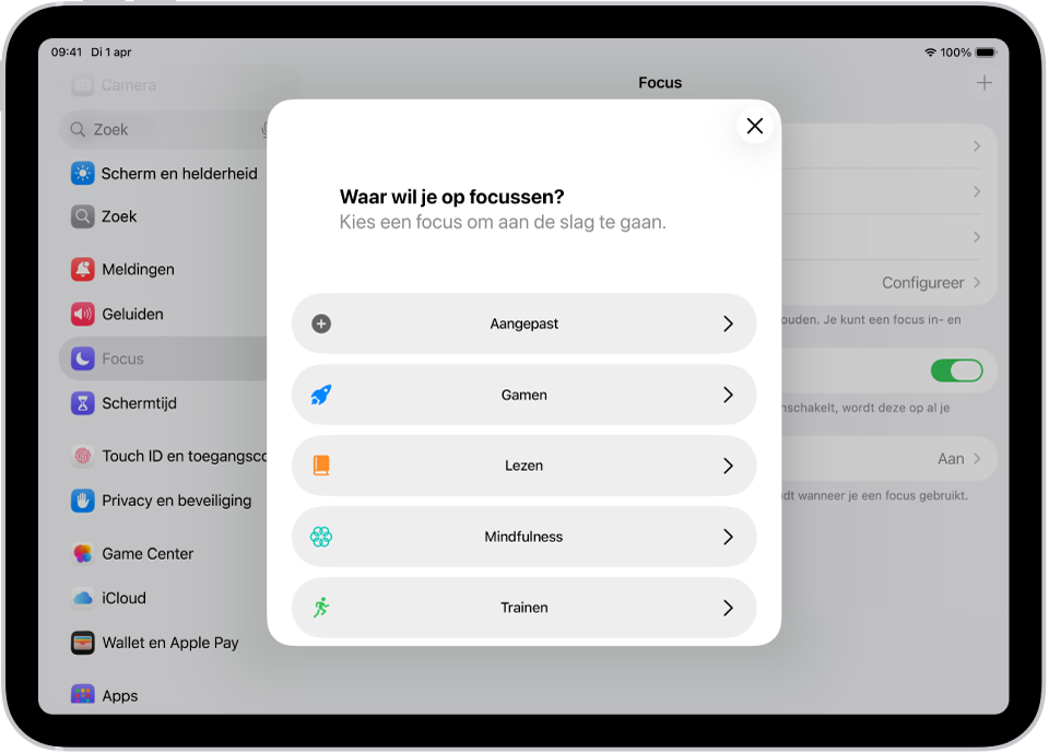Het focusconfiguratiescherm voor de aanvullende kant-en-klare focusopties, waaronder 'Aangepast', 'Trainen', 'Gamen', 'Mindfulness' en 'Lezen'.