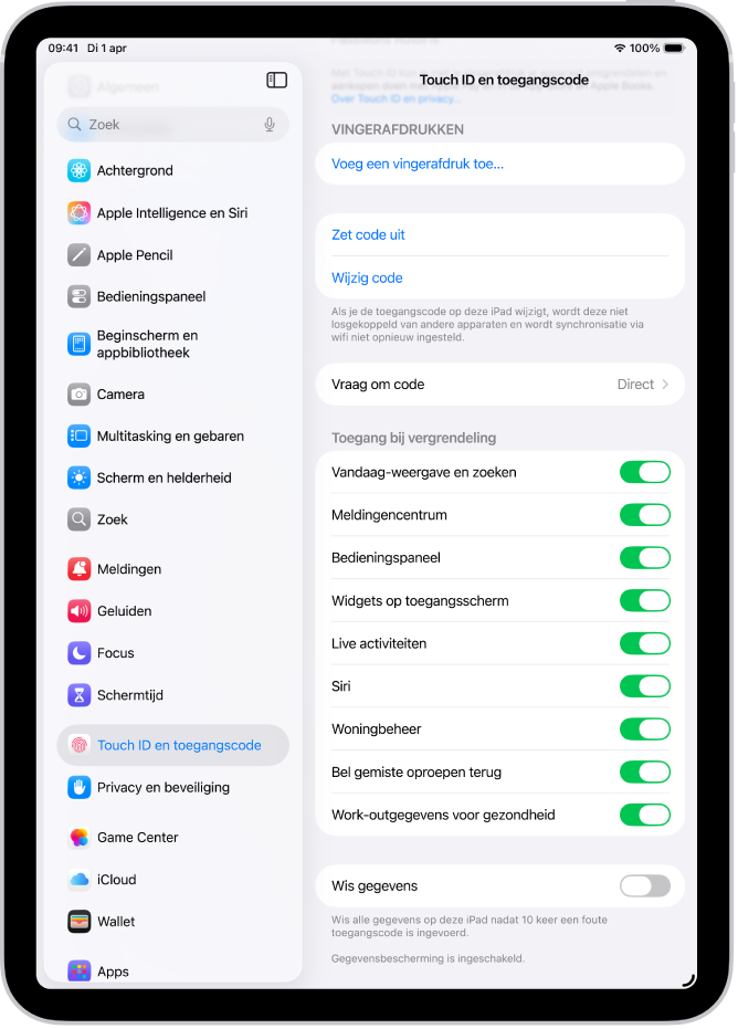 De instellingen voor 'Face ID en toegangscode', met opties voor toegang tot specifieke functies wanneer de iPad is vergrendeld.