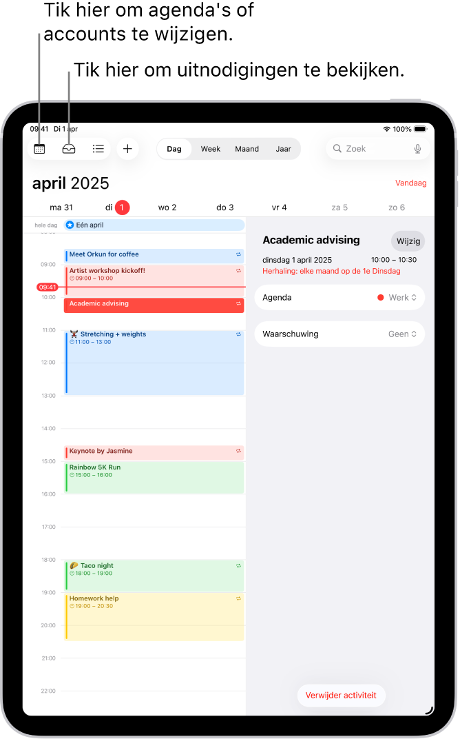 Een agenda in de dagweergave. Met de knoppen midden bovenin kun je schakelen tussen de weergaven 'Dag', 'Week', 'Maand' en 'Jaar'. Linksboven in het scherm staat de knop 'Agenda's' en linksbovenin staat de knop 'Inkomend'.