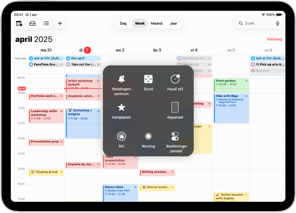 Een iPad met het AssistiveTouch-menu, met regelaars voor het meldingencentrum, 'Apparaat', het bedieningspaneel, Woning, Siri en 'Aangepast'.