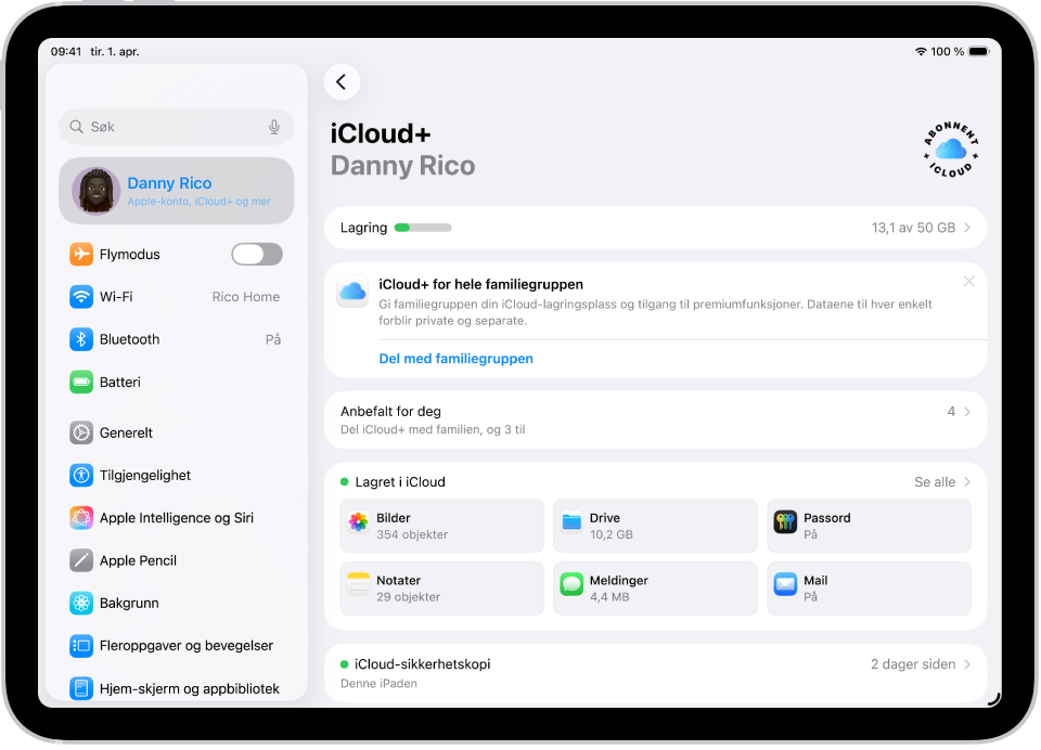 Skjermen for iCloud-innstillinger viser iCloud-lagringsmåleren og en liste med apper og funksjoner, blant annet Bilder, iCloud Drive og iCloud Mail, som kan brukes sammen med iCloud.