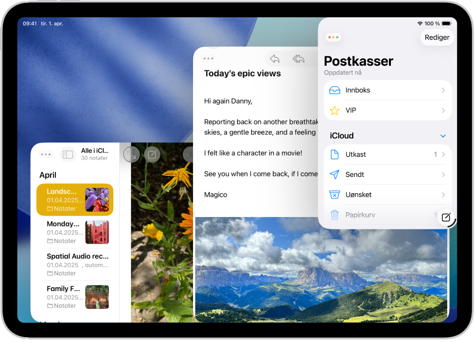 iPad-skjermen viser arbeid som pågår i to Mail-vinduer og ett Notater-vindu.