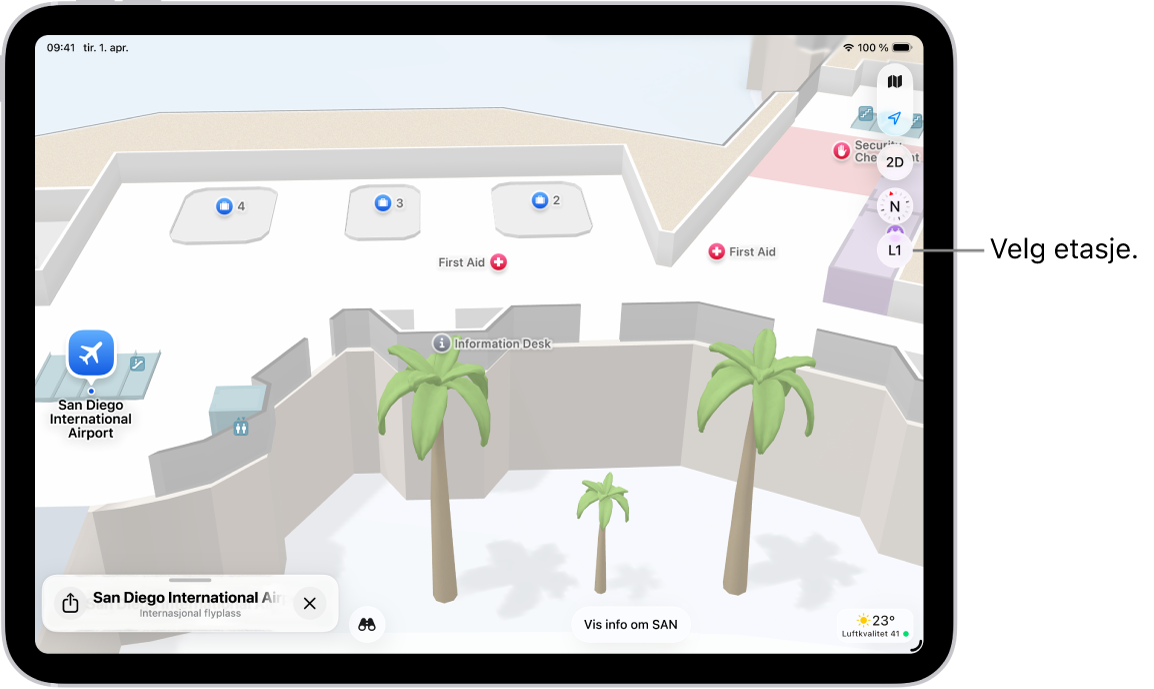 Et innendørskart over en flyplassterminal. Kartet viser en gate, et toalett, en sikkerhetskontroll og førstehjelp. Du kan endre etasje i kart med flere etasjer ved hjelp av knappen merket L2 (for Level 2).