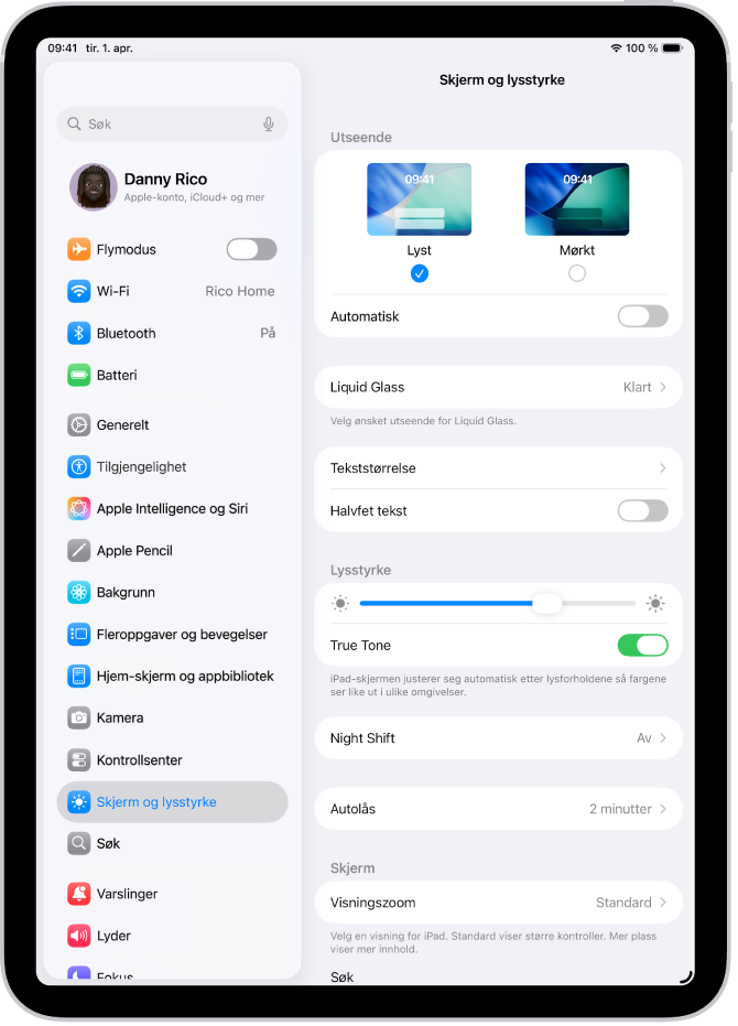 Skjerm og lysstyrke-skjermen i Innstillinger.