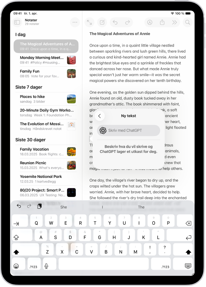 En iPad viser en historie som skrives i Notater-appen. Til høyre på skjermen vises Bruk med Skriveverktøy-dialogruten, som viser alternativer for å beskrive en endring, velge forslag fra ChatGPT og mer.