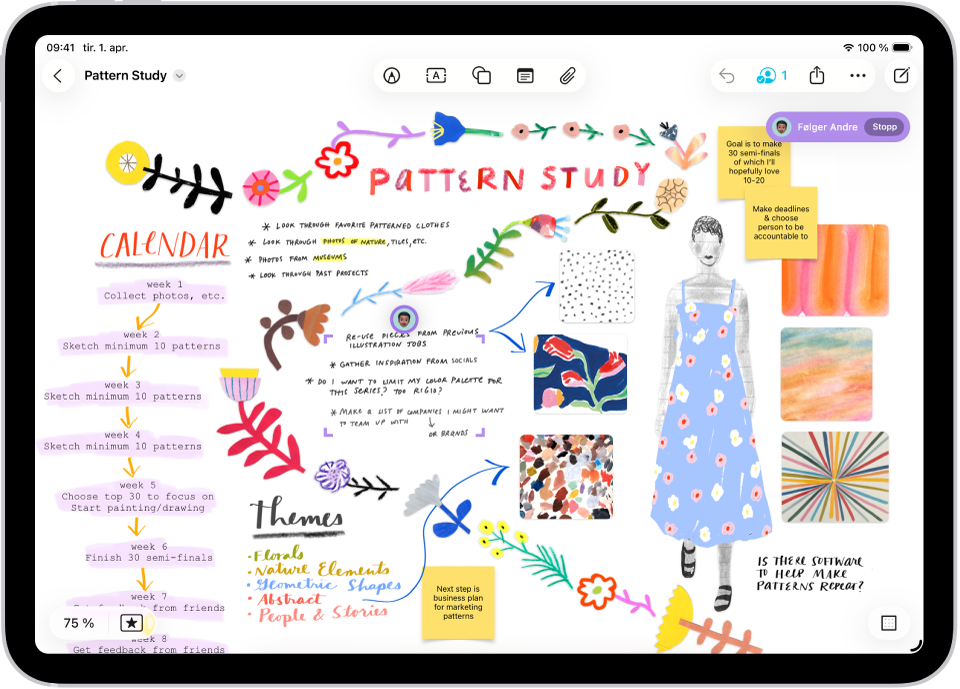 Noen følger en annen persons Freeform-tavle. Delen som noen andre jobber med, er merket med en avatar og fargede merker.