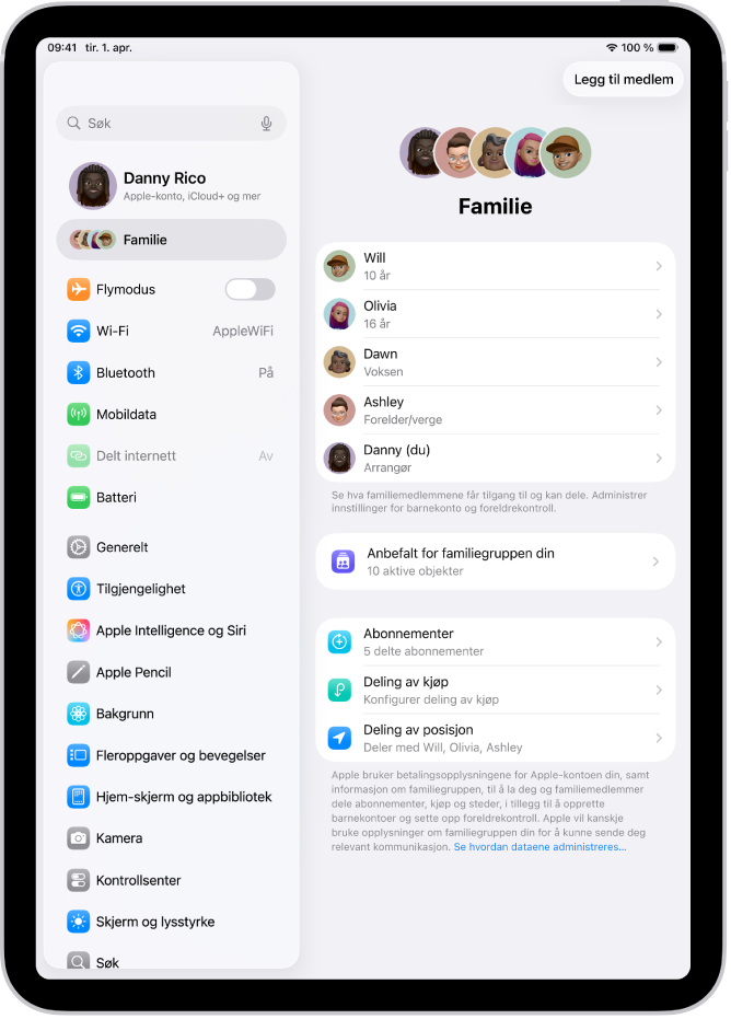 Familie-skjermen i Innstillinger. Opptil fem familiemedlemmer er oppført over funksjonene som deles.