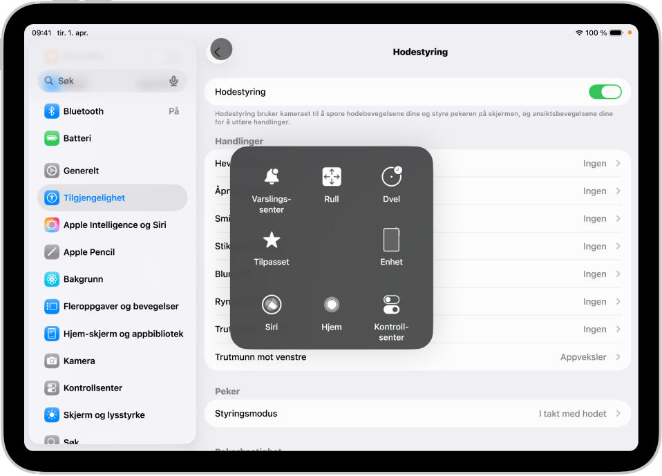 En iPad med hodestyring slått på. AssistiveTouch-menyen vises, med kontroller for Varslingssenter, Rull, Dvel, Enhet, Kontrollsenter, Hjem, Siri og Tilpasset.