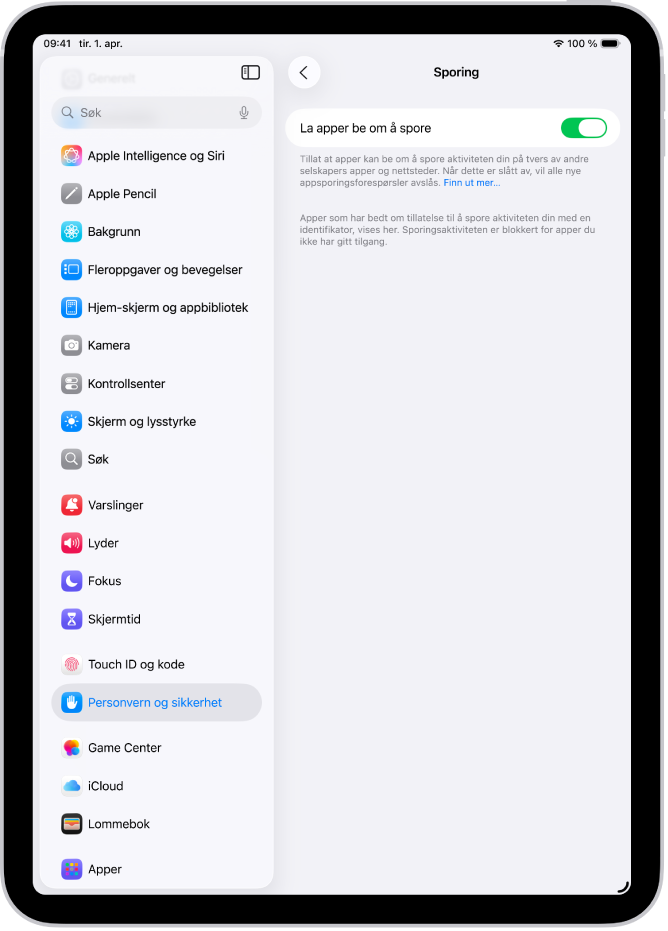 Sporing-skjermen viser en innstilling for appers tillatelse til å be om tilgang til å spore deg på tvers av nettsteder eller apper som eies av andre selskaper.